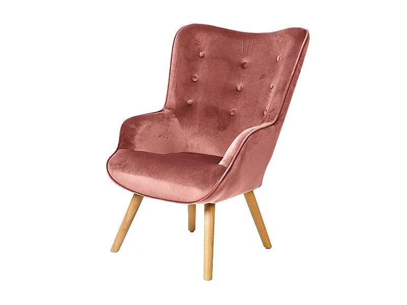 Fauteuil de salon en velours rose avec pieds en bois collection ENJOY. Style scandinave