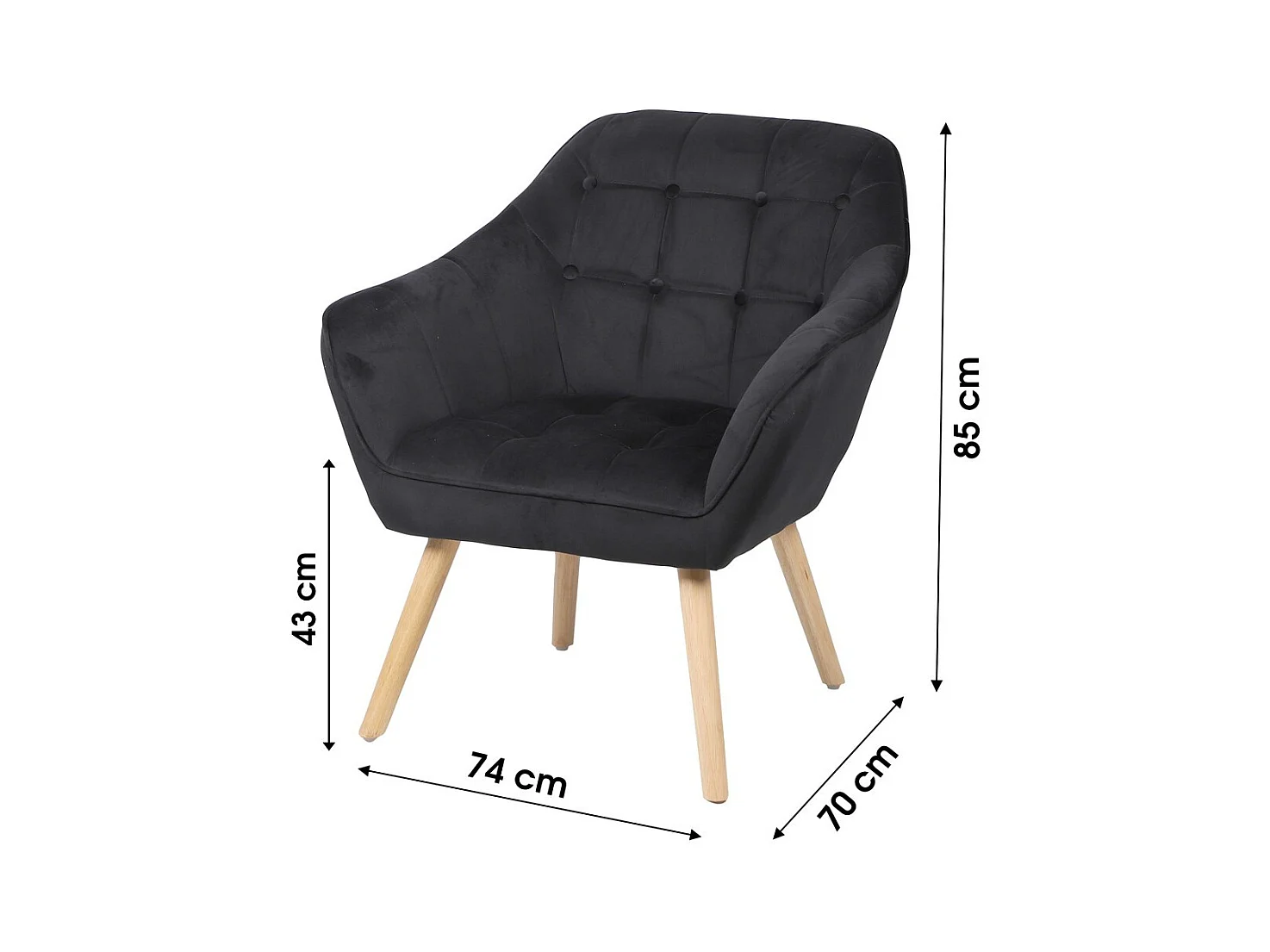Fauteuil en velours noir avec pieds en bois – 74x70xH85 cm, hauteur d'assise 43 cm – Collection VELUREA