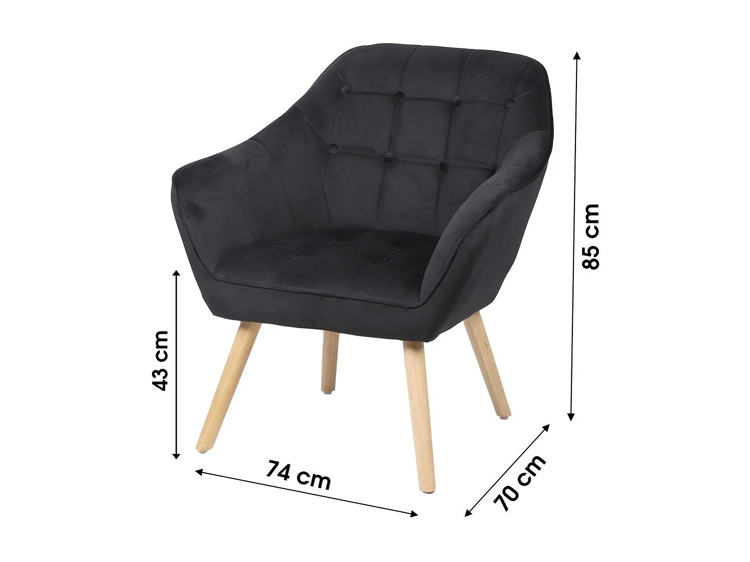 Fauteuil en velours noir avec pieds en bois – 74x70xH85 cm, hauteur d'assise 43 cm – Collection VELUREA