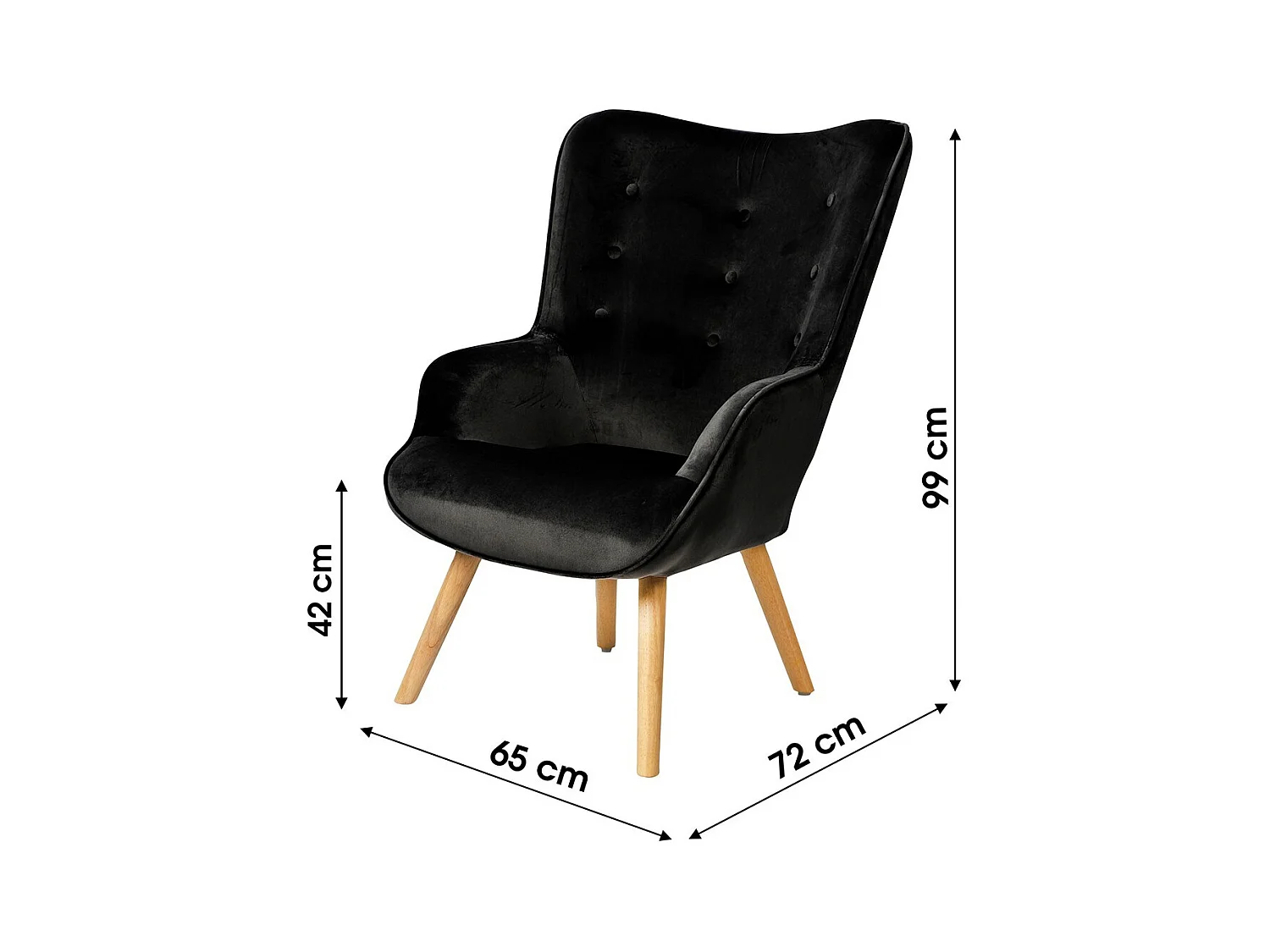 Fauteuil de salon en velours noir avec pieds en bois collection ENJOY. Style scandinave