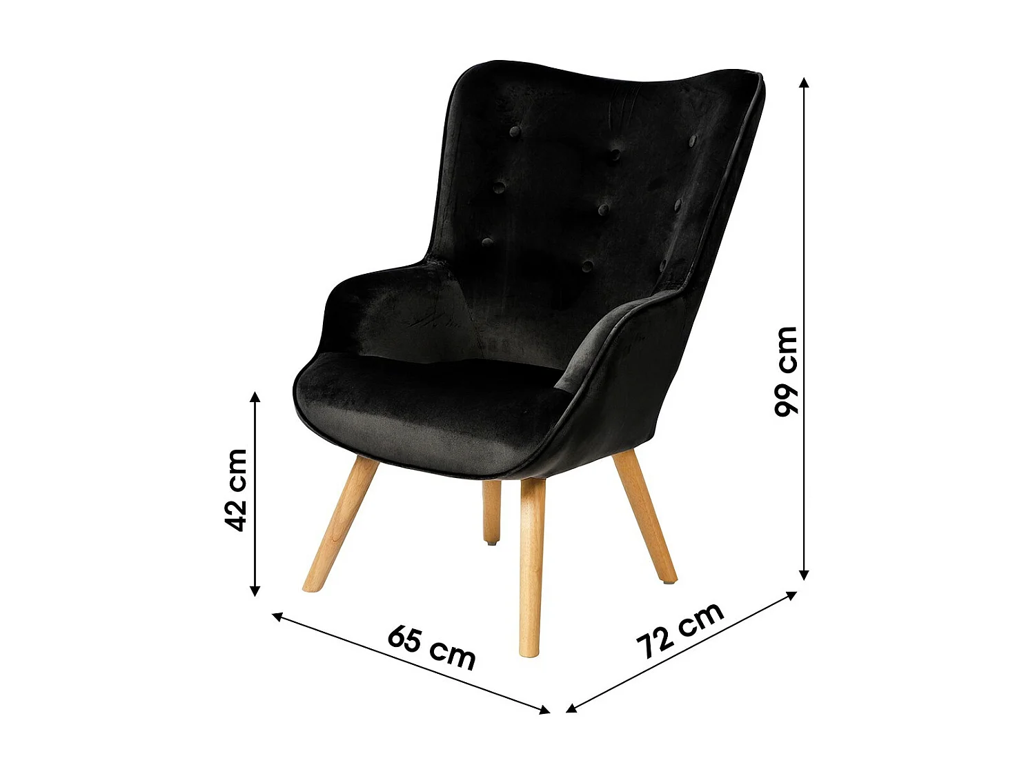 Fauteuil de salon en velours noir avec pieds en bois collection ENJOY. Style scandinave