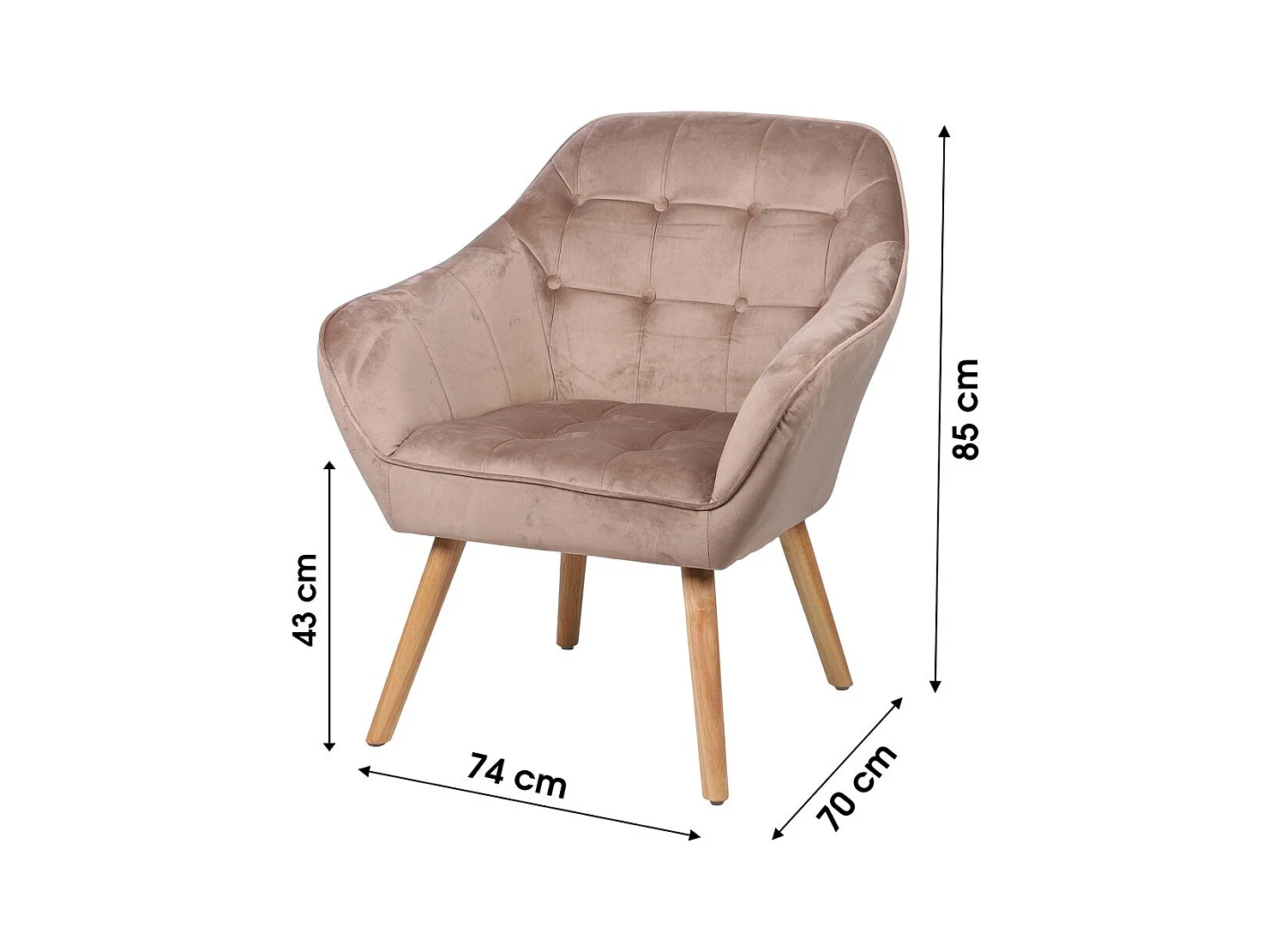 Fauteuil en velours beige avec pieds en bois – 74x70xH85 cm, hauteur d'assise 43 cm – Collection VELUREA