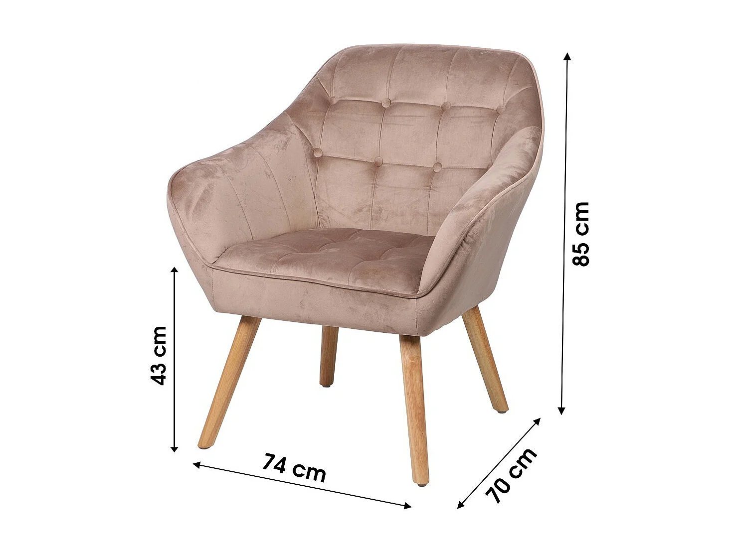 Fauteuil en velours beige avec pieds en bois – 74x70xH85 cm, hauteur d'assise 43 cm – Collection VELUREA