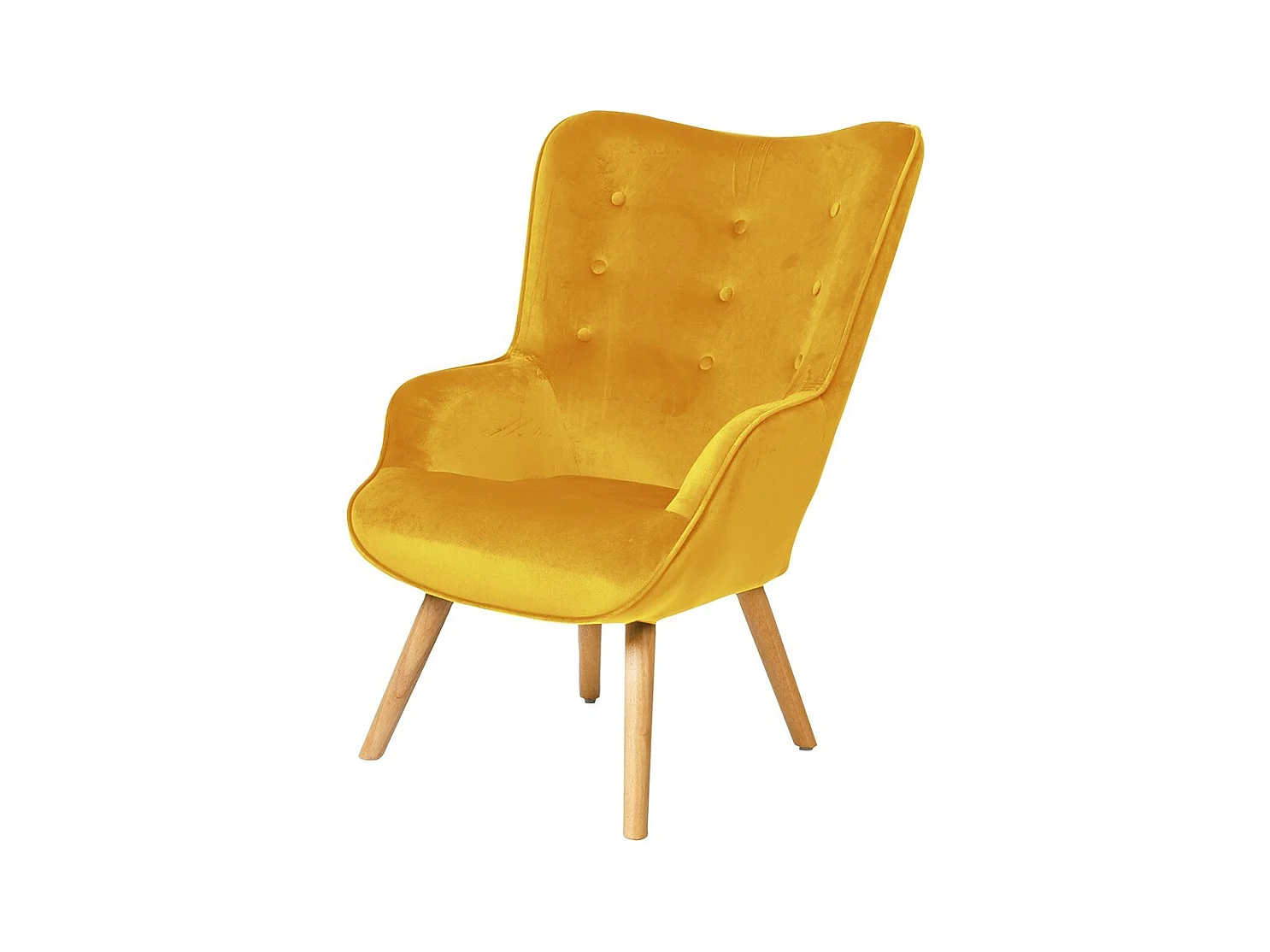 Fauteuil de salon en velours jaune moutarde avec pieds en bois collection ENJOY. Style scandinave