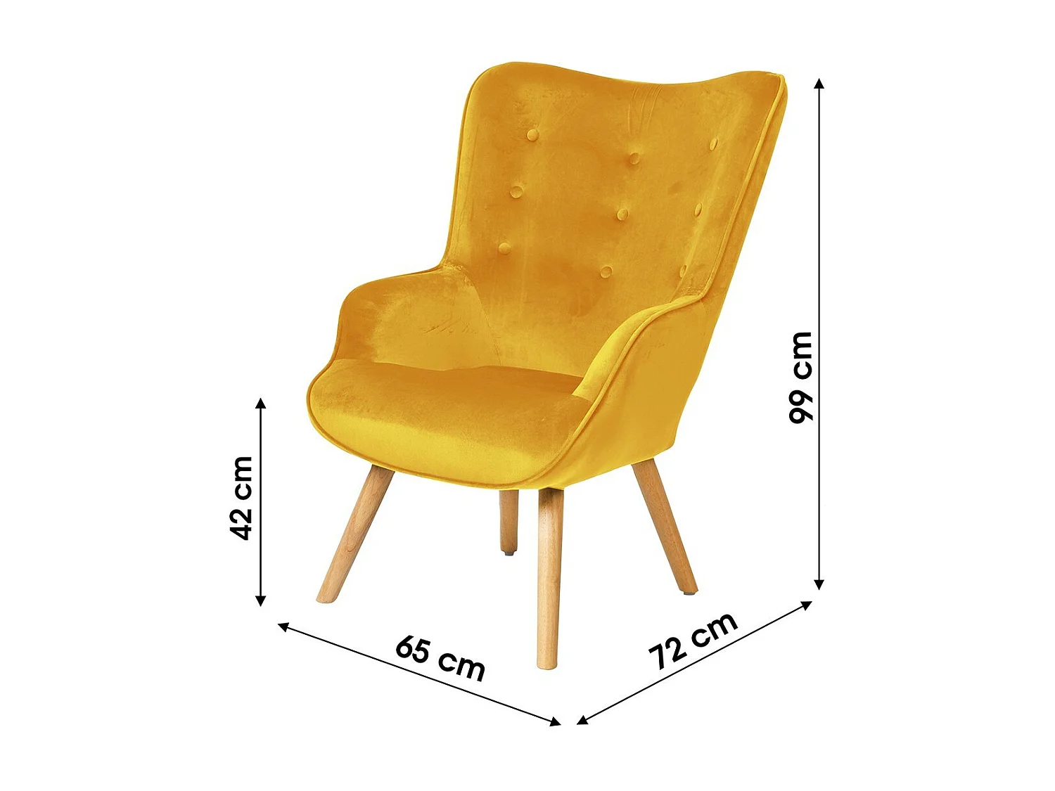 Fauteuil de salon en velours jaune moutarde avec pieds en bois collection ENJOY. Style scandinave