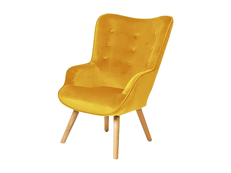 Gele mosterd fluwelen lounge stoel met houten poten uit de ENJOY collectie. Scandinavische stijl