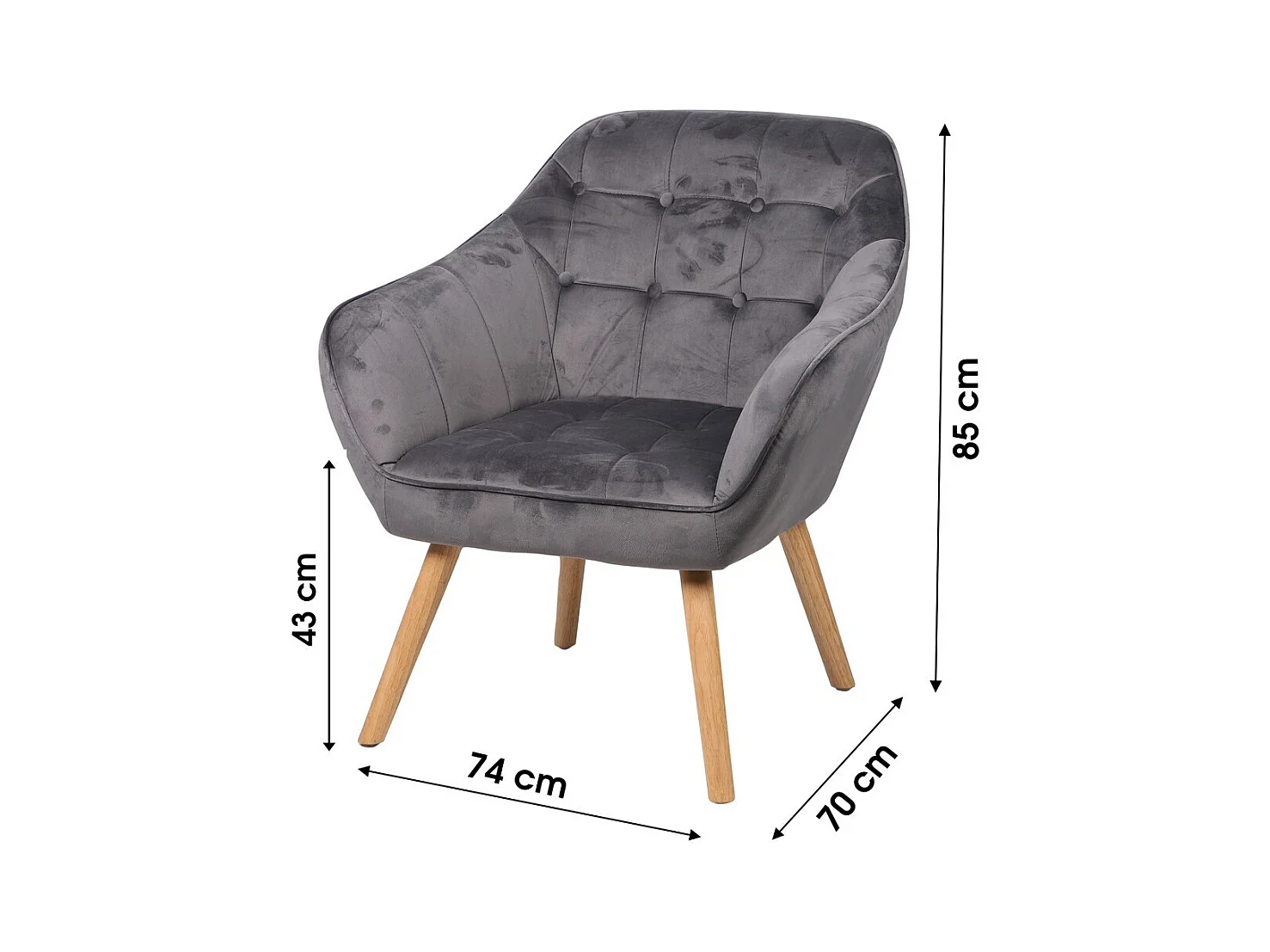 Fauteuil en velours gris avec pieds en bois – 74x70xH85 cm, hauteur d'assise 43 cm – Collection VELUREA