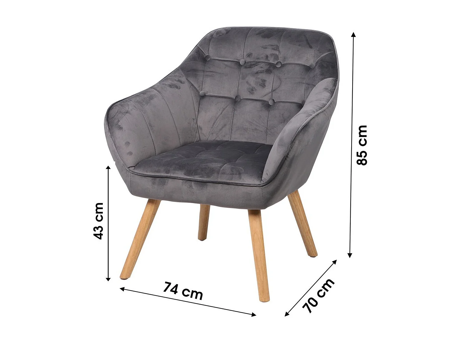 Fauteuil en velours gris avec pieds en bois – 74x70xH85 cm, hauteur d'assise 43 cm – Collection VELUREA
