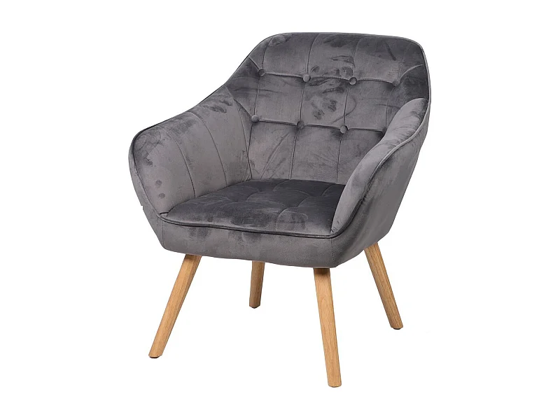 Fauteuil en velours gris avec pieds en bois – 74x70xH85 cm, hauteur d'assise 43 cm – Collection VELUREA