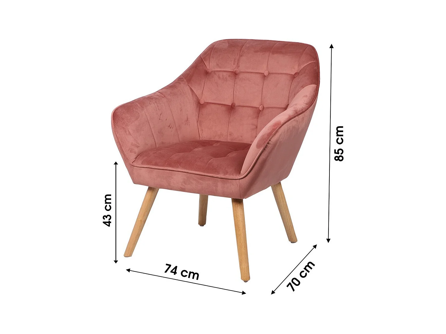 Fauteuil en velours rose avec pieds en bois – 74x70xH85 cm, hauteur d'assise 43 cm – Collection VELUREA