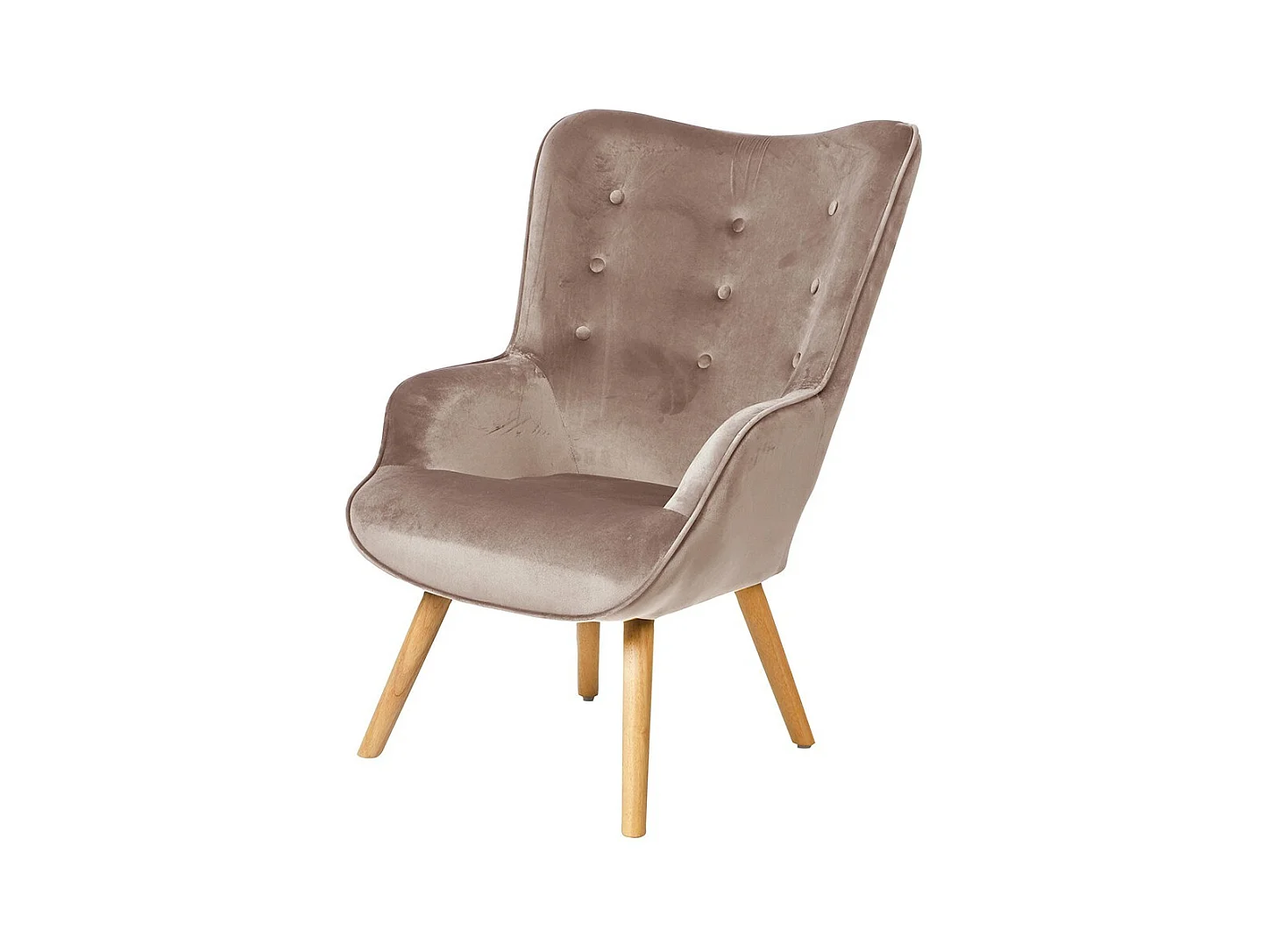 Fauteuil de salon en velours beige avec pieds en bois collection ENJOY. Style scandinave