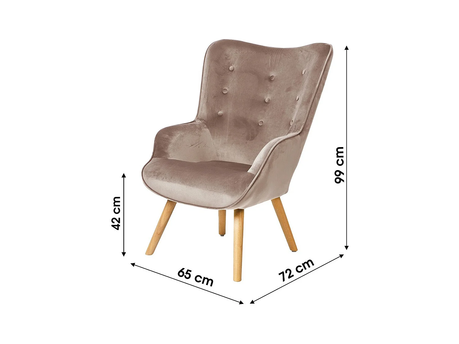 Fauteuil de salon en velours beige avec pieds en bois collection ENJOY. Style scandinave