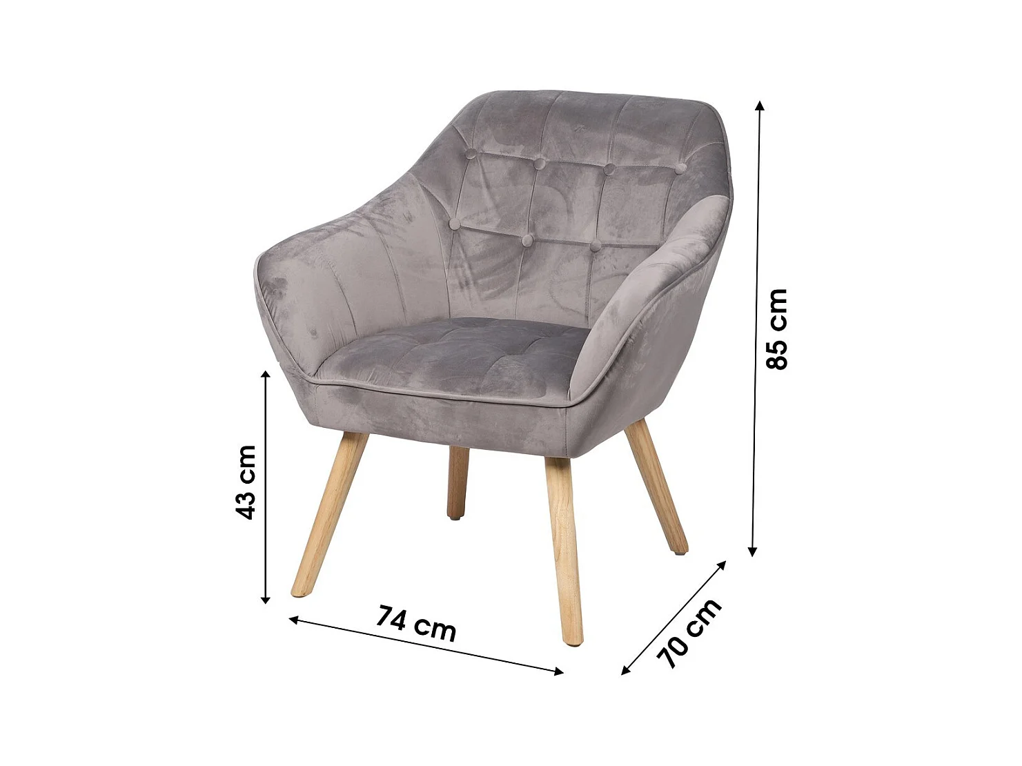 Fauteuil en velours gris clair avec pieds en bois – 74x70xH85 cm, hauteur d'assise 43 cm – Collection VELUREA