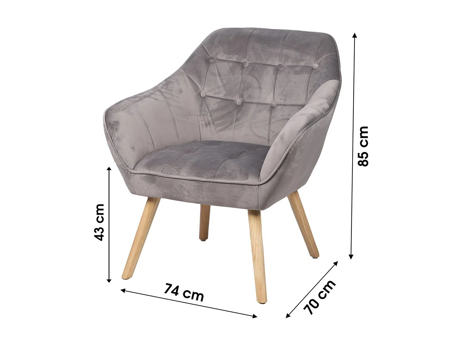 Fauteuil en velours gris clair avec pieds en bois – 74x70xH85 cm, hauteur d'assise 43 cm – Collection VELUREA