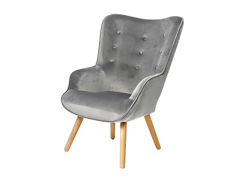 Fauteuil de salon en velours gris clair avec pieds en bois collection ENJOY. Style scandinave