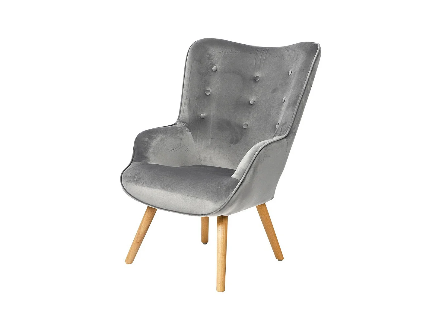 Fauteuil de salon en velours gris clair avec pieds en bois collection ENJOY. Style scandinave