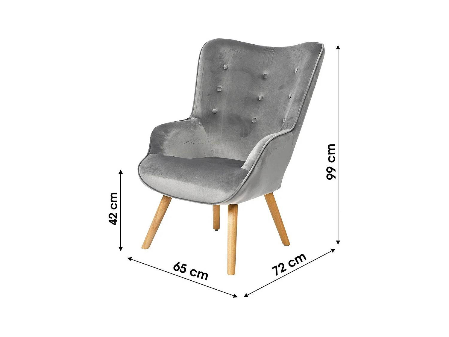 Fauteuil de salon en velours gris clair avec pieds en bois collection ENJOY. Style scandinave