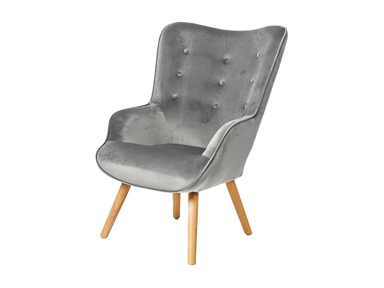 Fauteuil de salon en velours gris clair avec pieds en bois collection ENJOY. Style scandinave