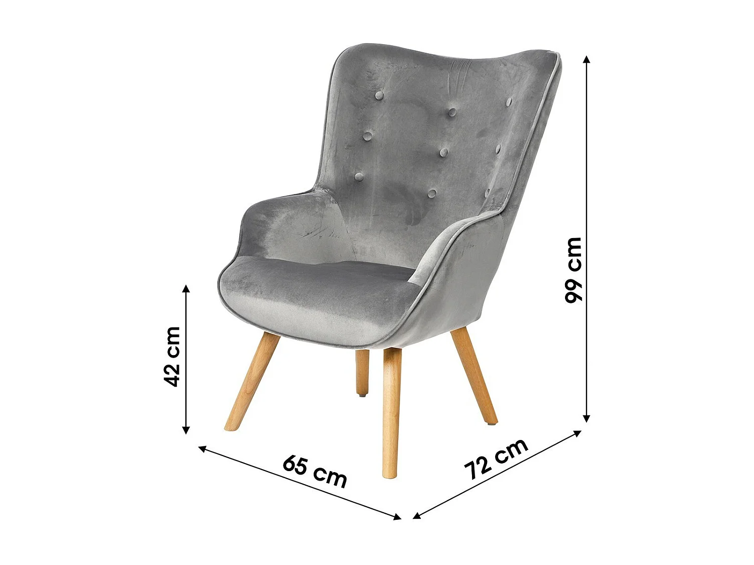 Fauteuil de salon en velours gris clair avec pieds en bois collection ENJOY. Style scandinave