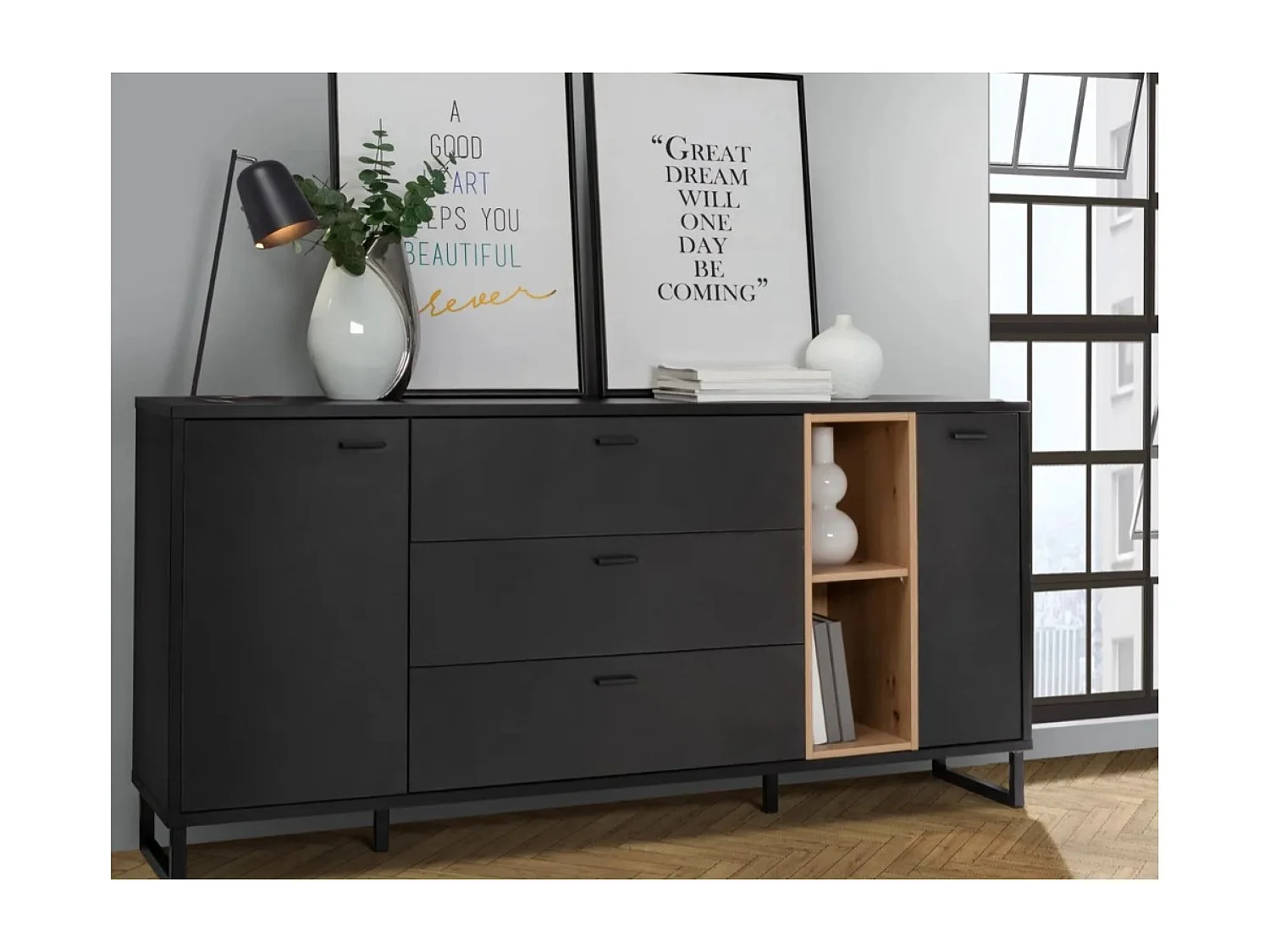 Sideboard Dezima/Schubladen/Schwarz&Braun