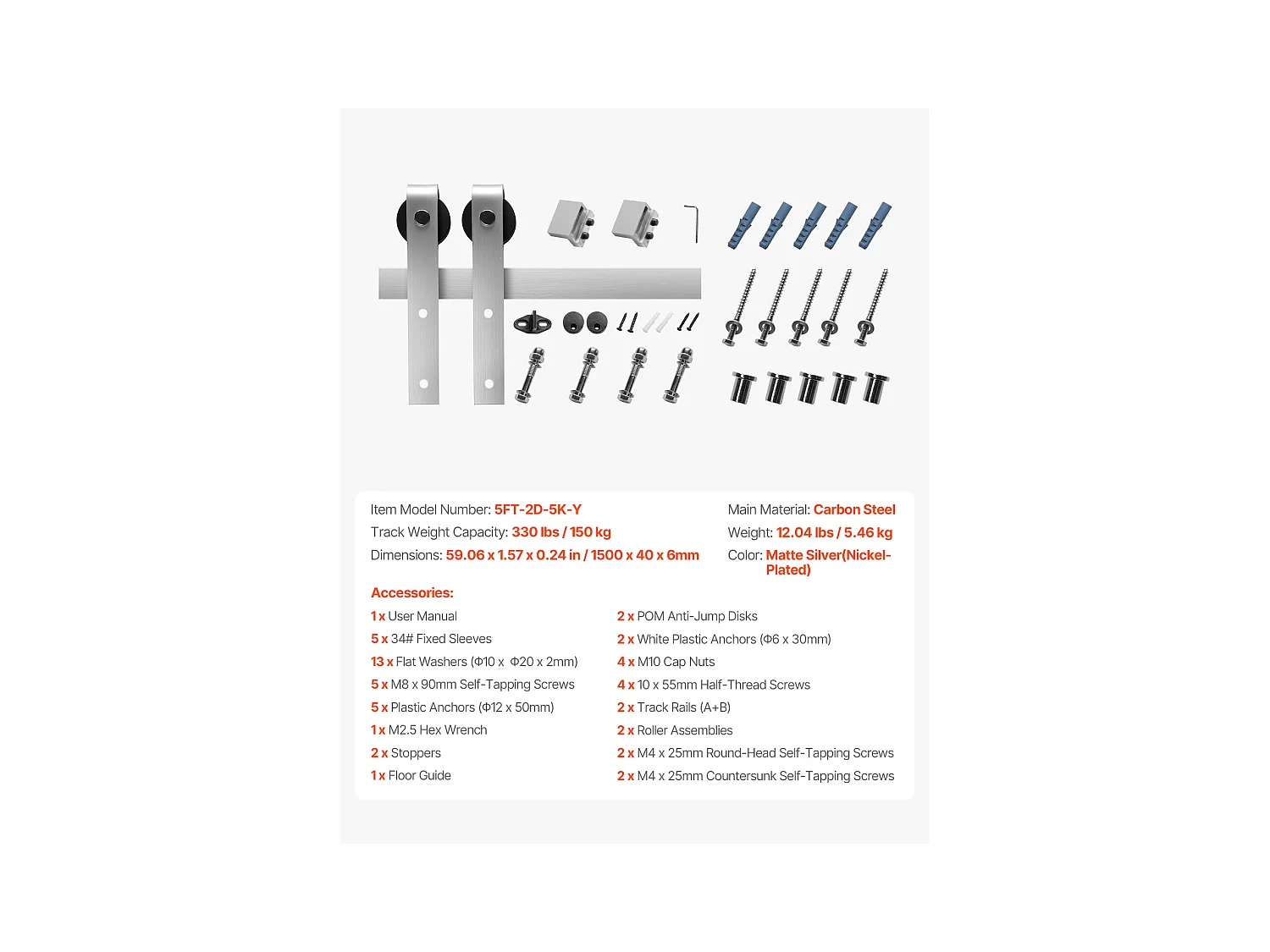 Porte Coulissante SucceBuy Kit de Quincaillerie pour Porte de Grange Coulissante Simple de 1,5 m, Finition Argentée
