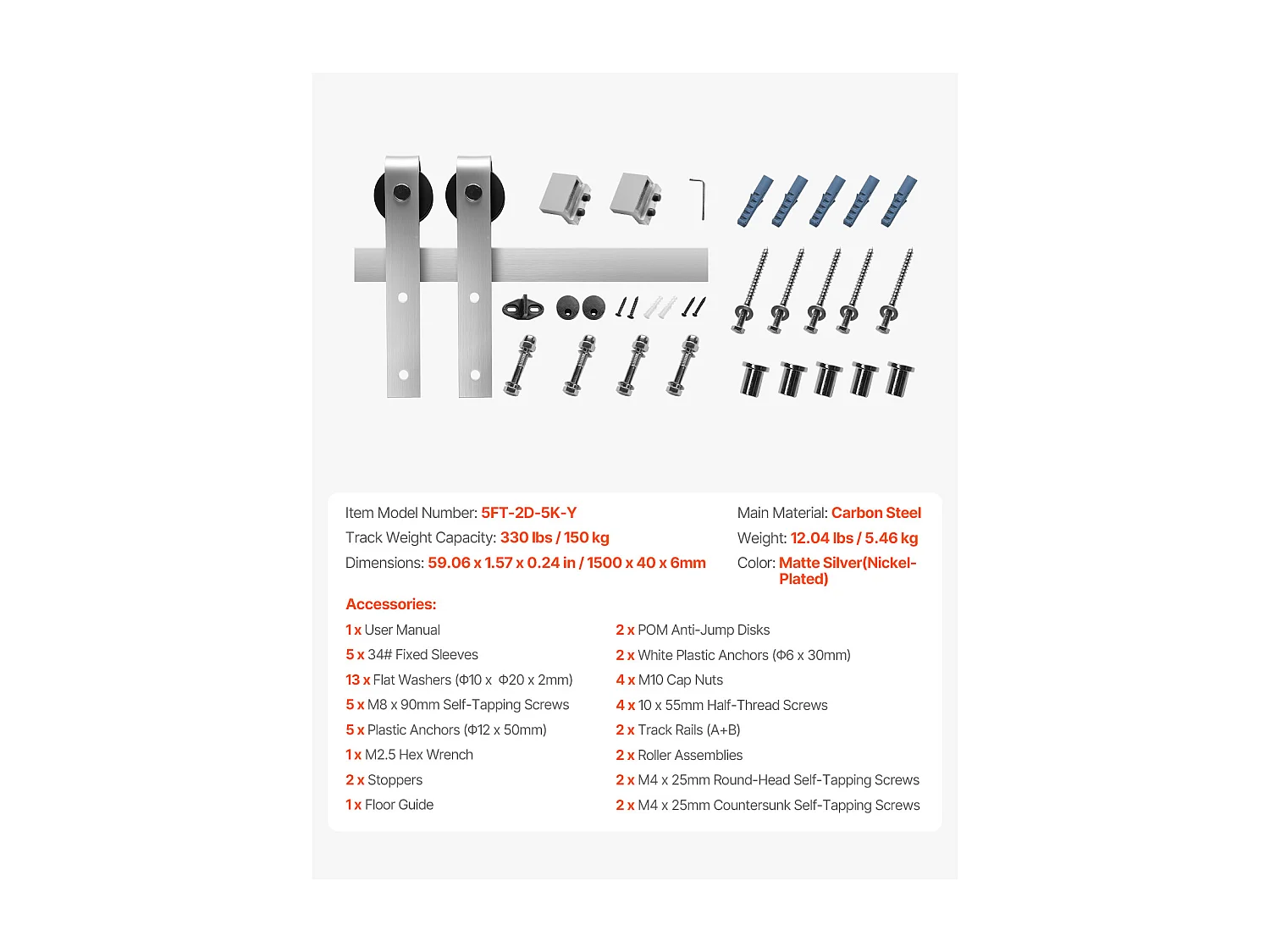 Porte Coulissante SucceBuy Kit de Quincaillerie pour Porte de Grange Coulissante Simple de 1,5 m, Finition Argentée