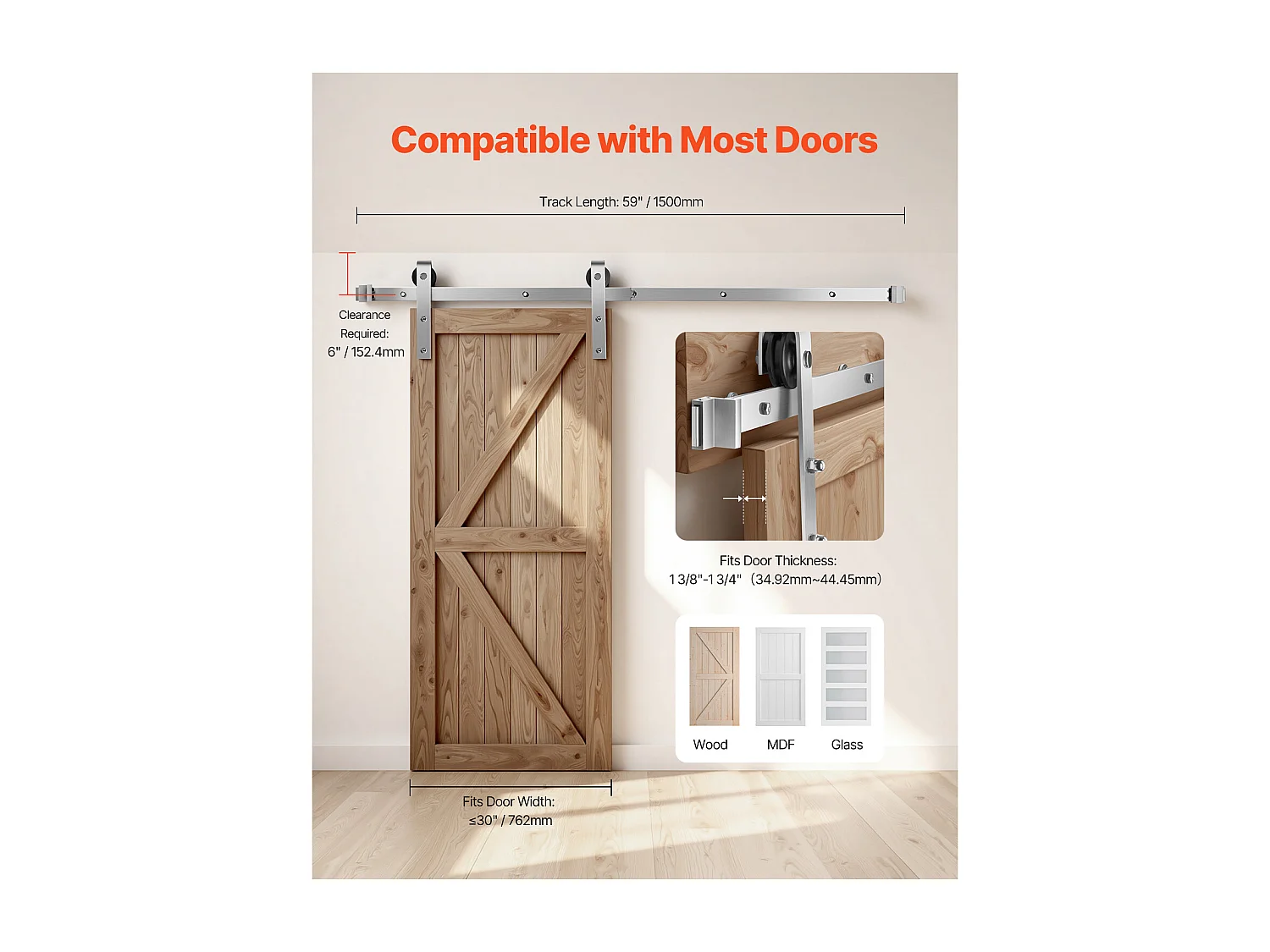 Porte Coulissante SucceBuy Kit de Quincaillerie pour Porte de Grange Coulissante Simple de 1,5 m, Finition Argentée