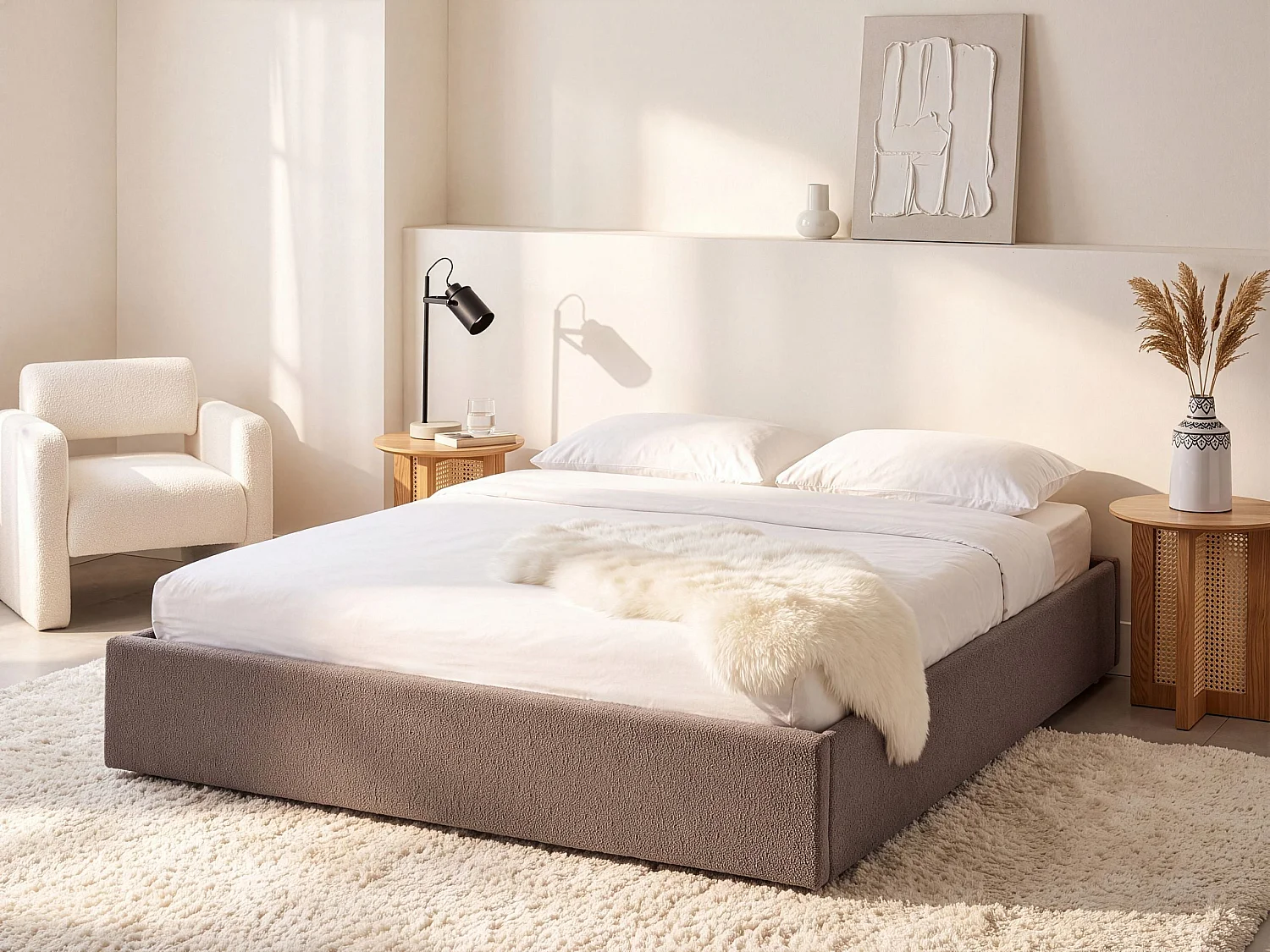 Lit ottoman sans tête de lit DINAN Bouclé Taupe 180 x 200 cm
