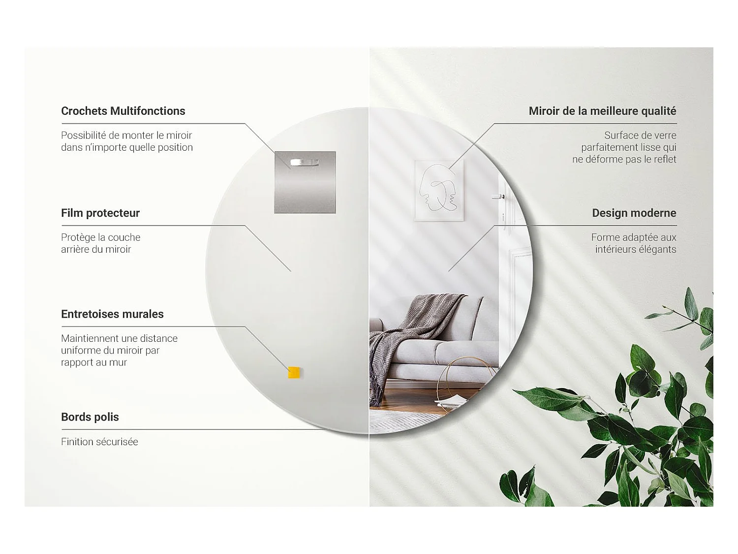 Cercle Miroir Salle de Bain Glamour Prêt à Monter 100cm