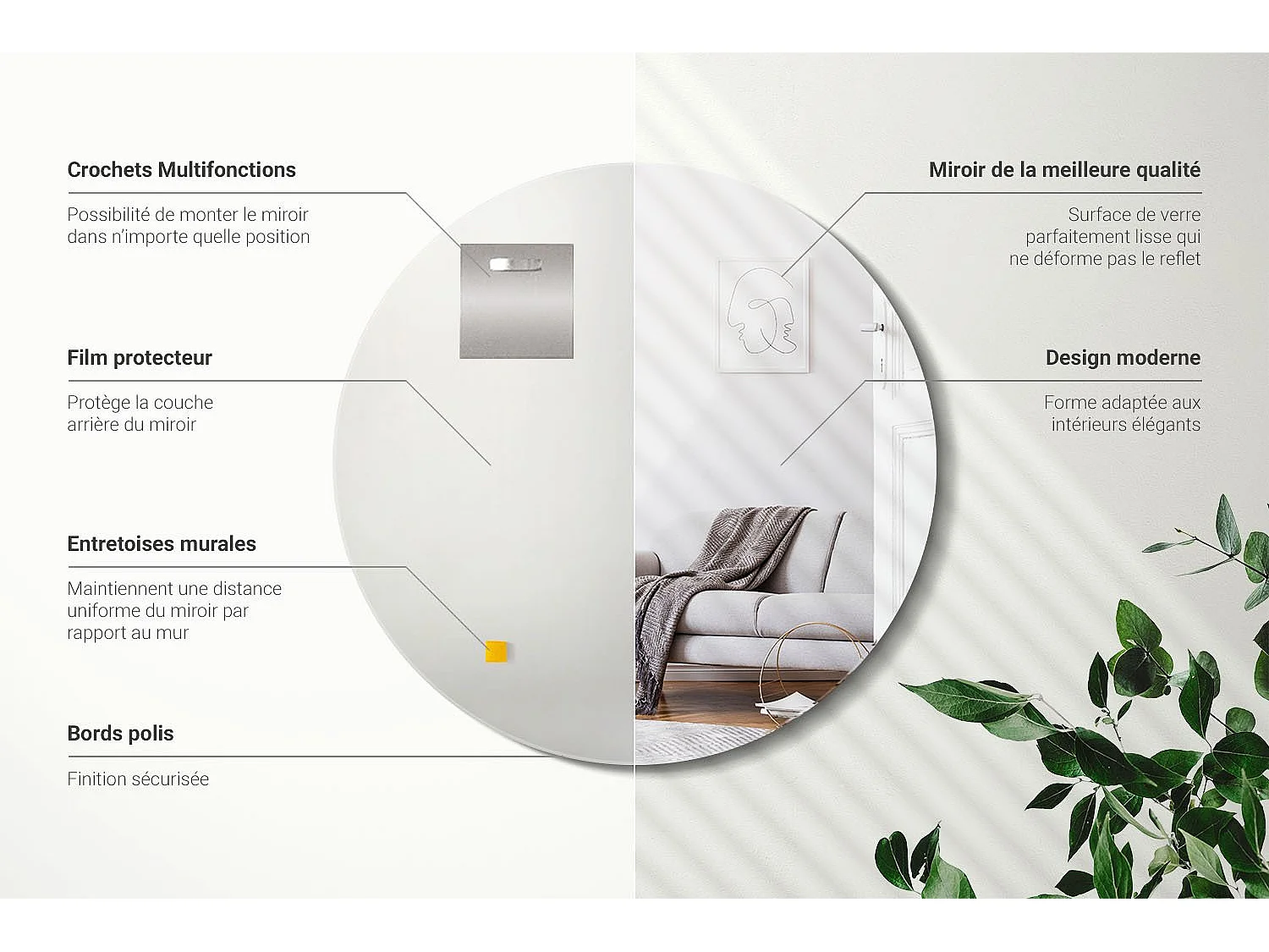 Cercle Miroir Salle de Bain Élégant Prêt à Installer 50cm