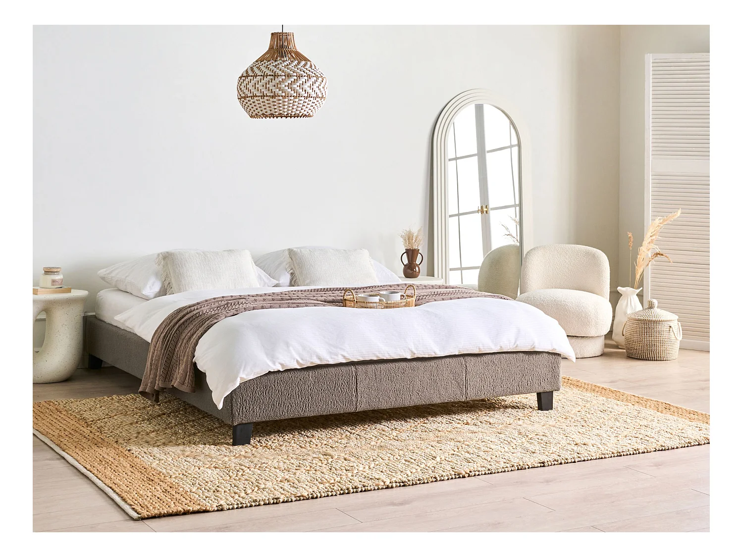 Lit sans tête de lit Bouclé ROANNE 160 x 200 cm Taupe