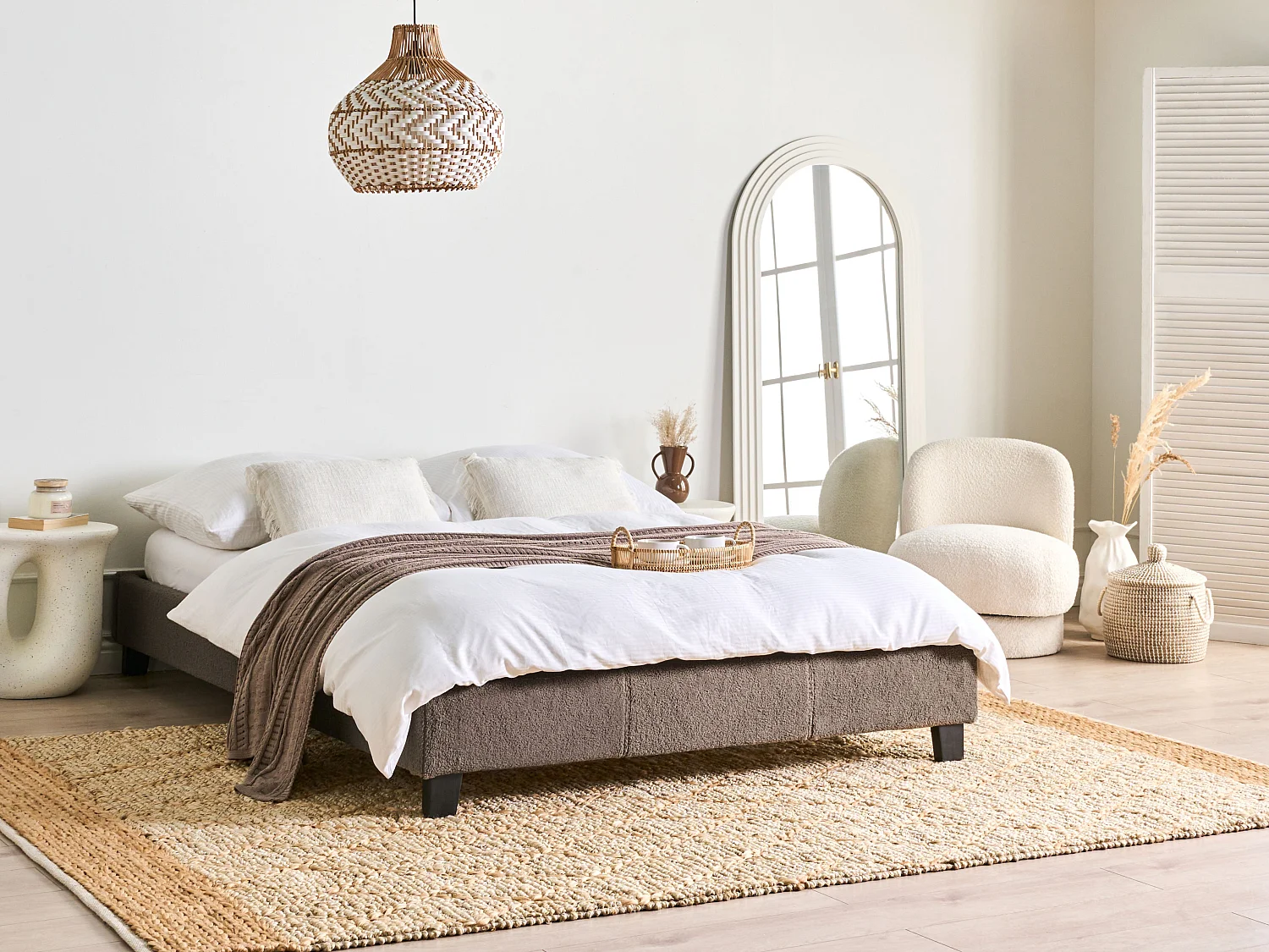 Lit sans tête de lit Bouclé ROANNE 140 x 200 cm Taupe