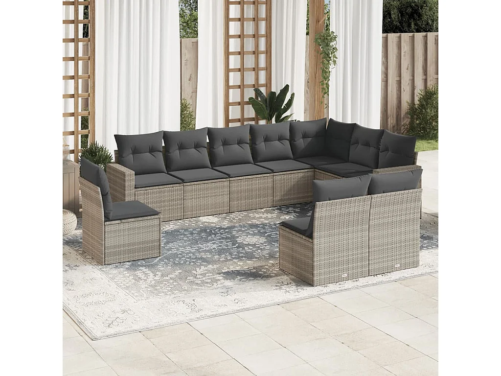 10-tlg. Garten-Sofagarnitur mit Kissen Hellgrau Poly Rattan