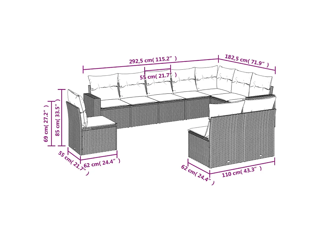 10-tlg. Garten-Sofagarnitur mit Kissen Hellgrau Poly Rattan