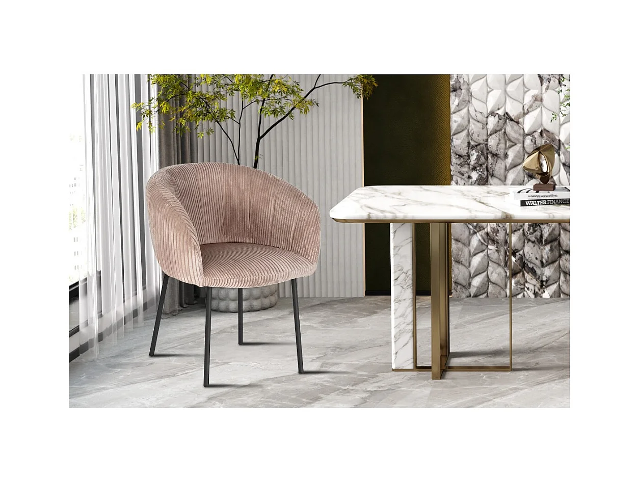 Cadeira de Jantar SEVILHA – Veludo Cotelê Areia – Com Braços – Pés de Metal Preto – Estilo Design / Industrial