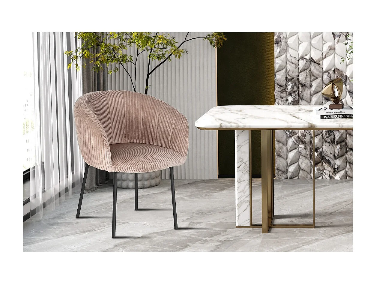 Chaise de salle à manger SEVILLE – Velours côtelé sable – Accoudoirs – Pieds en métal noir – Style design / industriel