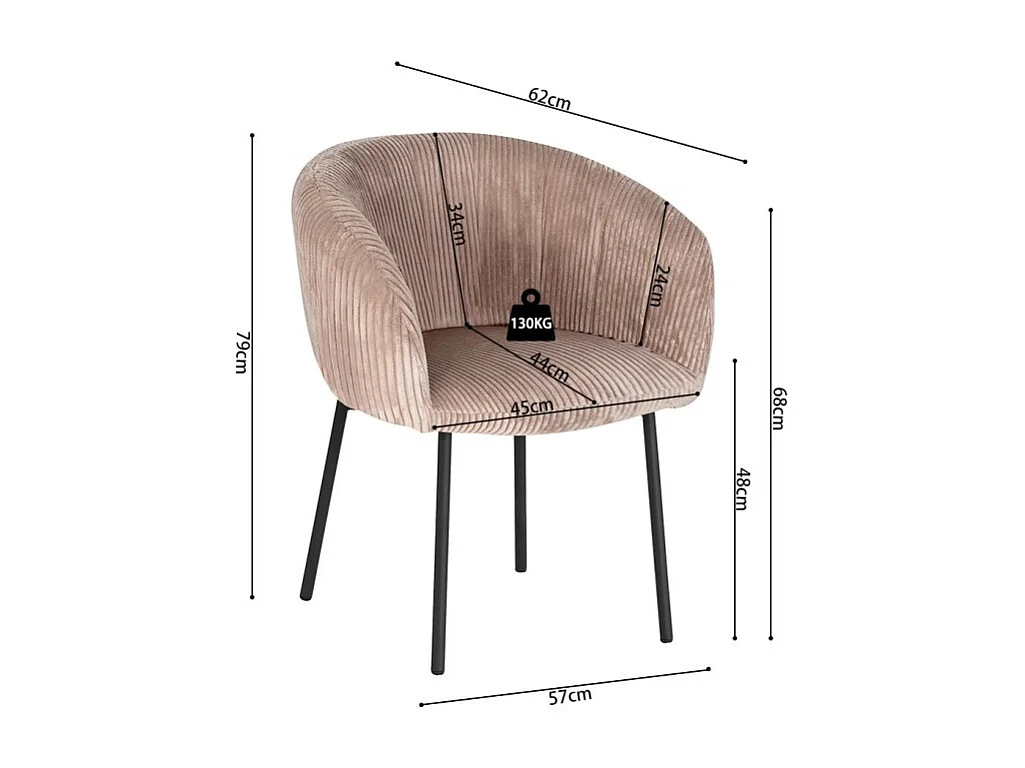 Chaise de salle à manger SEVILLE – Velours côtelé sable – Accoudoirs – Pieds en métal noir – Style design / industriel