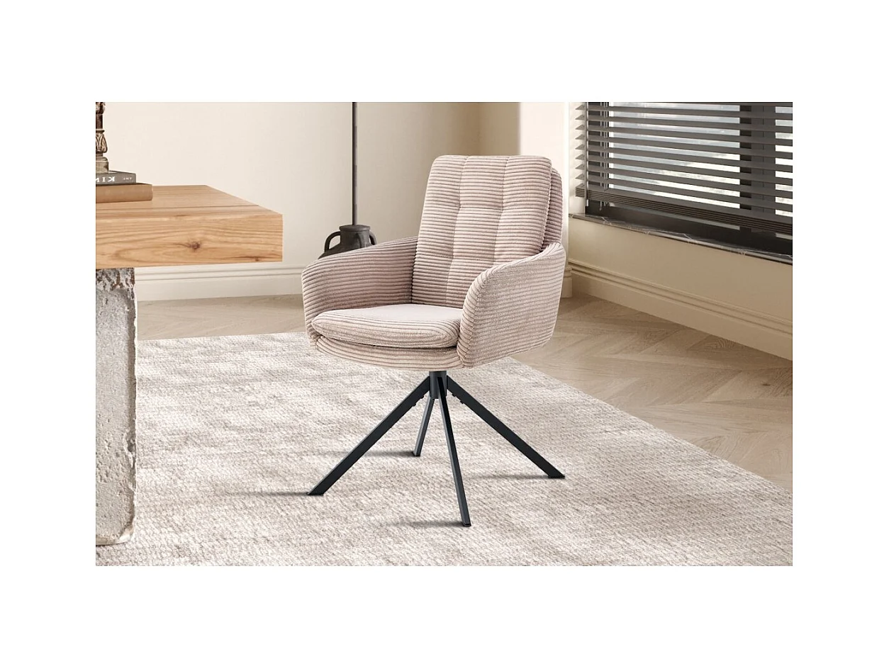 Lote de 2 cadeiras KAVIRA – Veludo cotelê areia – Pés de metal – Com braços – Design acolhedor e moderno