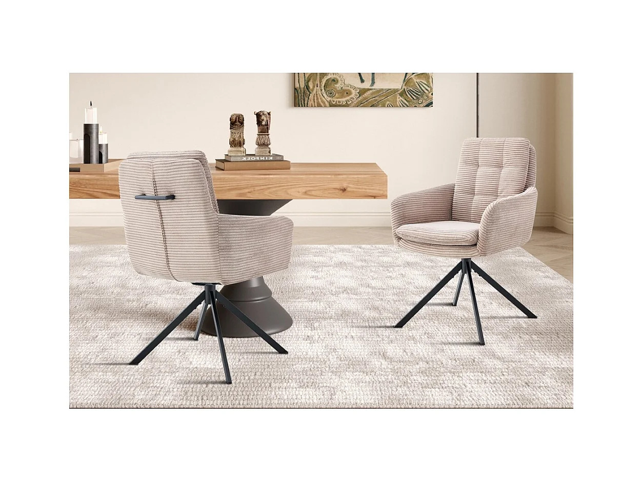 Lote de 2 cadeiras KAVIRA – Veludo cotelê areia – Pés de metal – Com braços – Design acolhedor e moderno