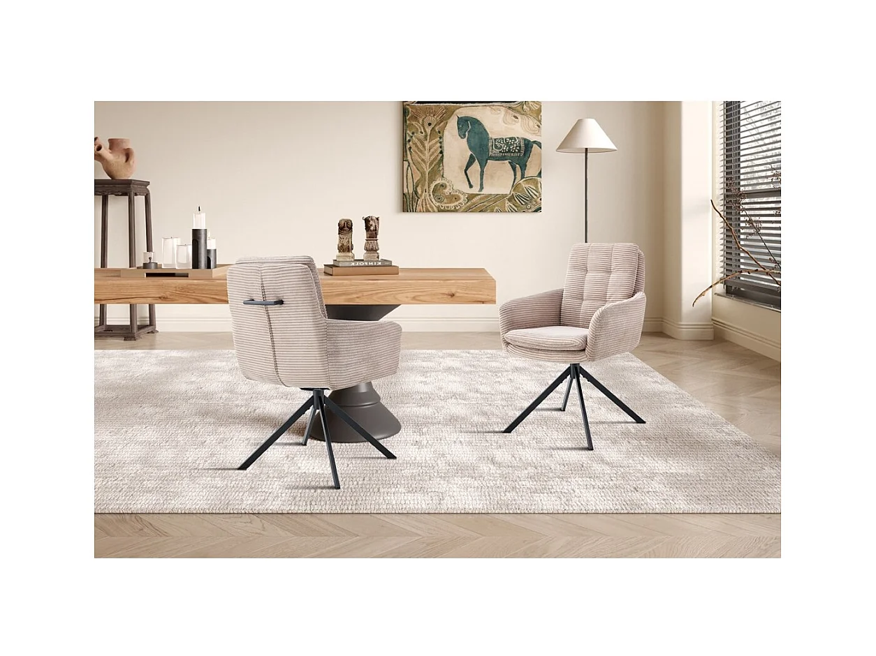 Lote de 2 cadeiras KAVIRA – Veludo cotelê areia – Pés de metal – Com braços – Design acolhedor e moderno