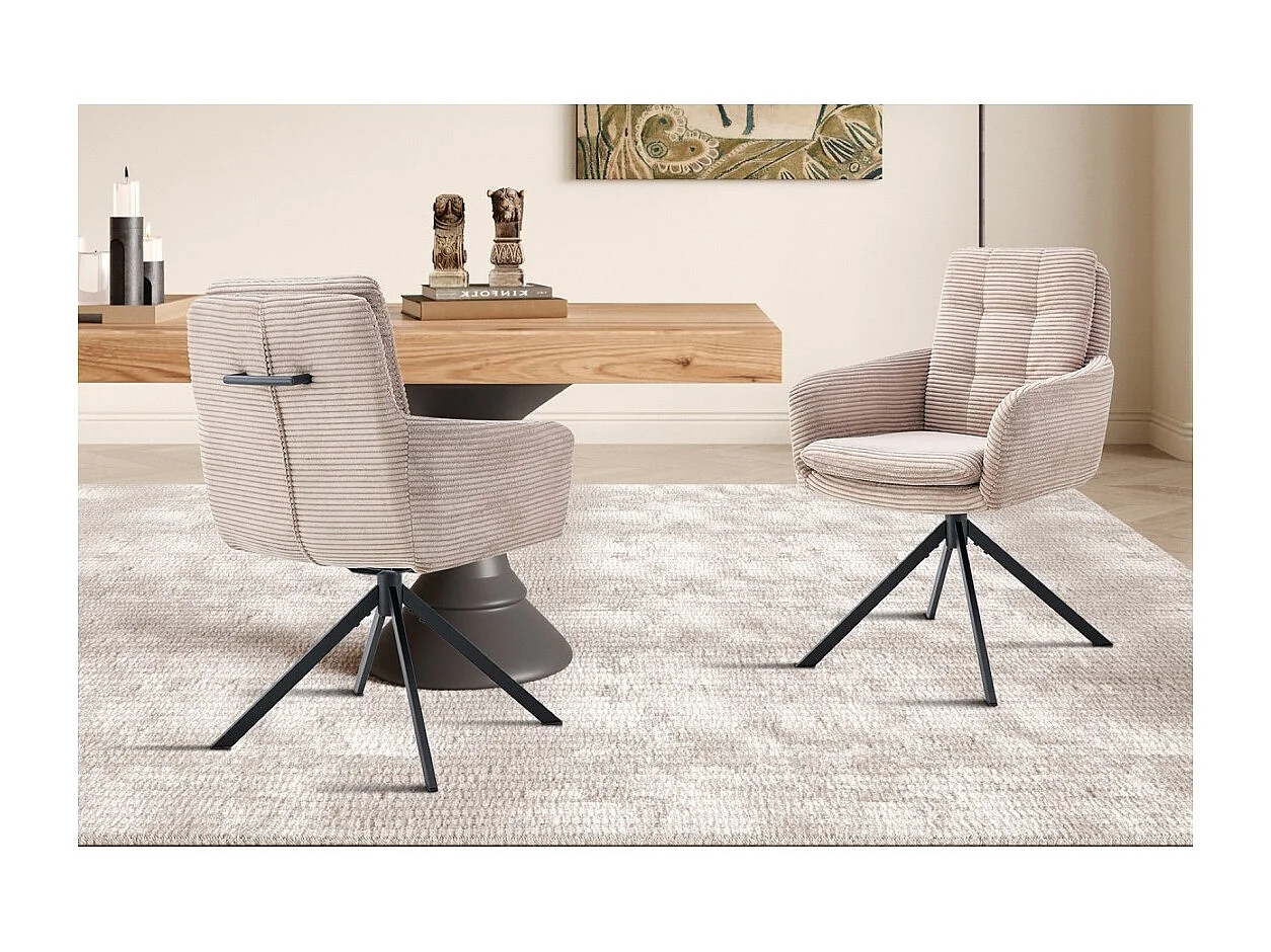 Lote de 2 cadeiras KAVIRA – Veludo cotelê areia – Pés de metal – Com braços – Design acolhedor e moderno