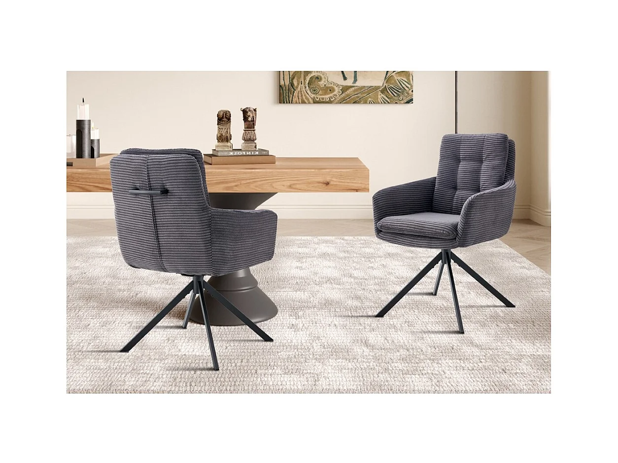 Lot de 2 fauteuils KAVIRA – Velours côtelé gris – Pieds métal – Avec accoudoirs – Design cocooning et élégant