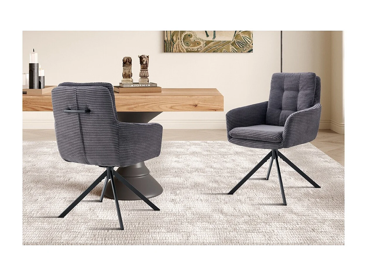 Lot de 2 fauteuils KAVIRA – Velours côtelé gris – Pieds métal – Avec accoudoirs – Design cocooning et élégant
