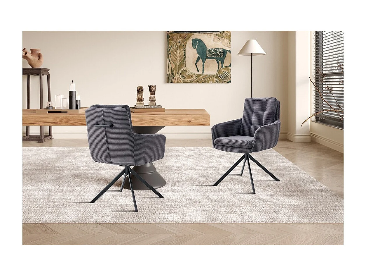 Lot de 2 fauteuils KAVIRA – Velours côtelé gris – Pieds métal – Avec accoudoirs – Design cocooning et élégant