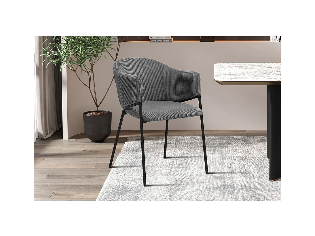 Cadeira de sala de jantar IMANY – Veludo cotelê cinza escuro – Braços – Pés de metal preto – Estilo design / industrial