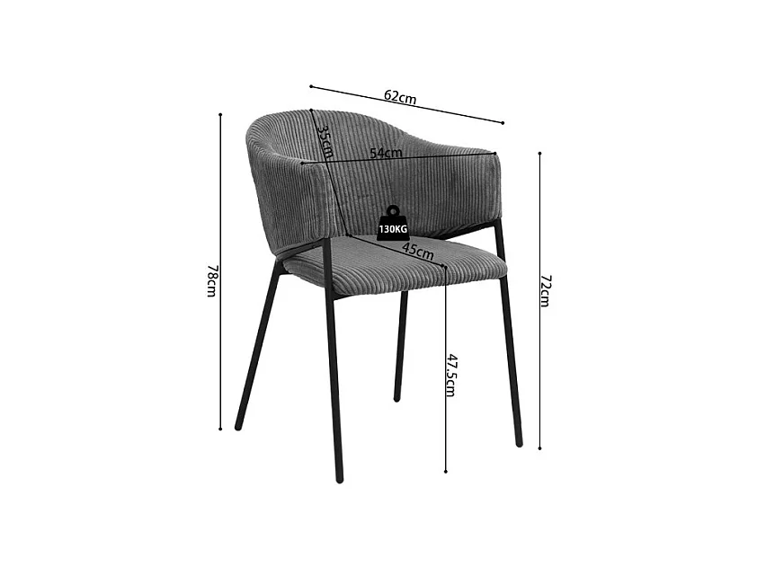 Cadeira de sala de jantar IMANY – Veludo cotelê cinza escuro – Braços – Pés de metal preto – Estilo design / industrial