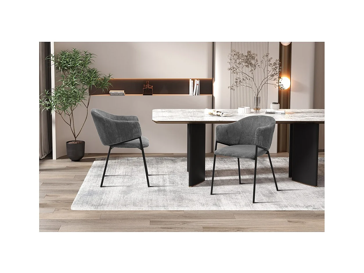 Cadeira de sala de jantar IMANY – Veludo cotelê cinza escuro – Braços – Pés de metal preto – Estilo design / industrial