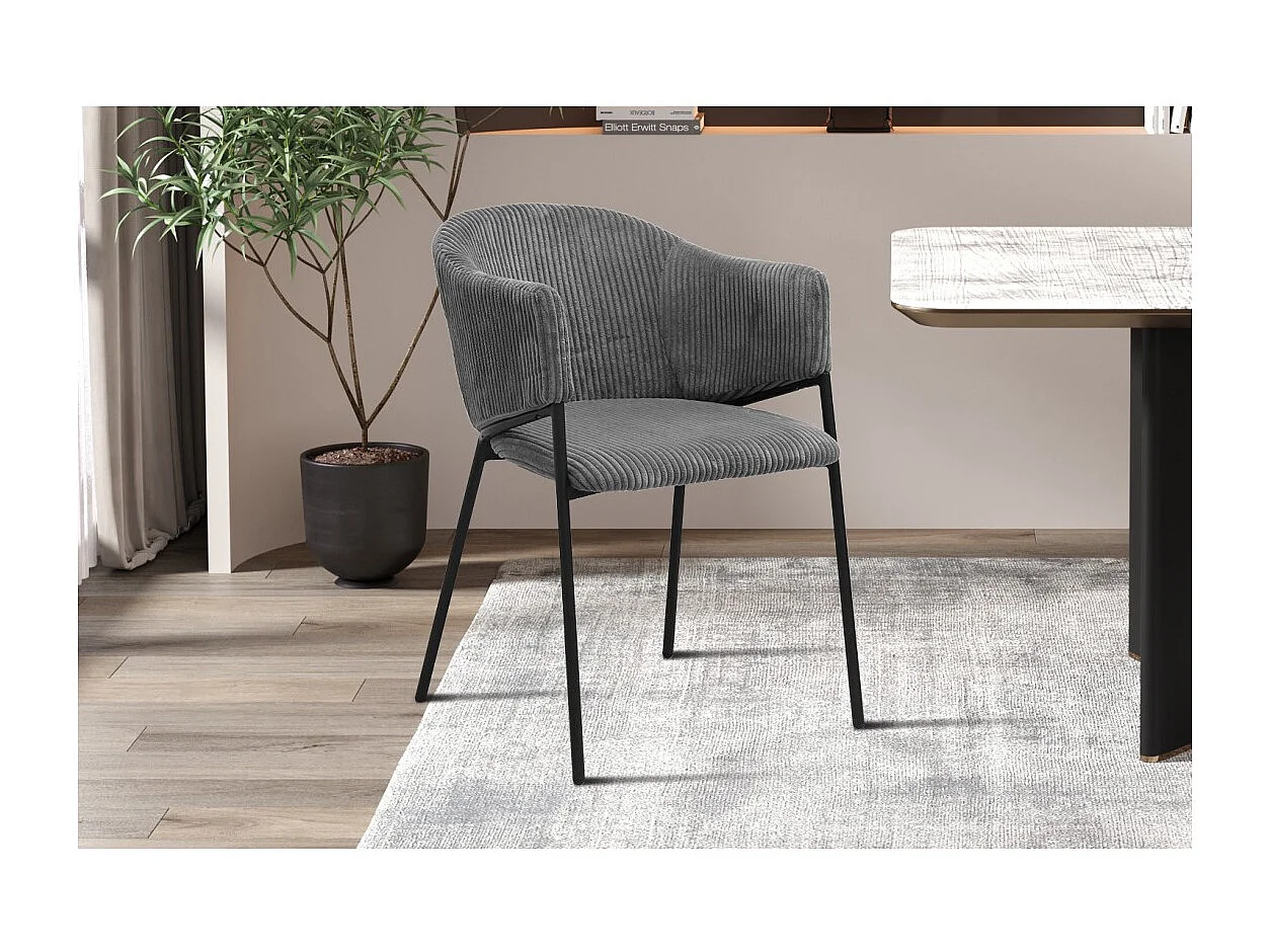 Chaise de salle à manger IMANY – Velours côtelé gris foncé – Accoudoirs – Pieds en métal noir – Style design / industriel