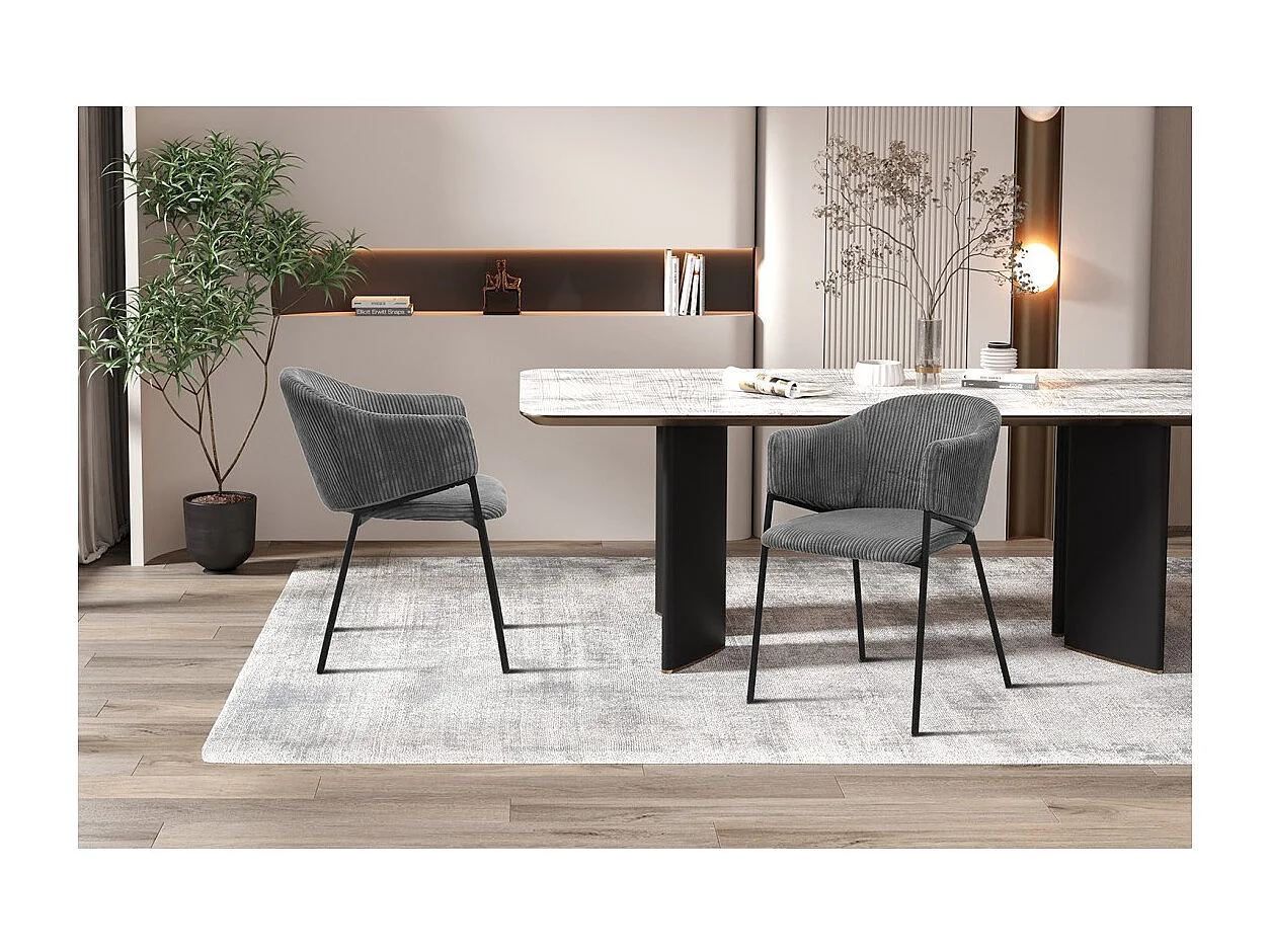 Chaise de salle à manger IMANY – Velours côtelé gris foncé – Accoudoirs – Pieds en métal noir – Style design / industriel