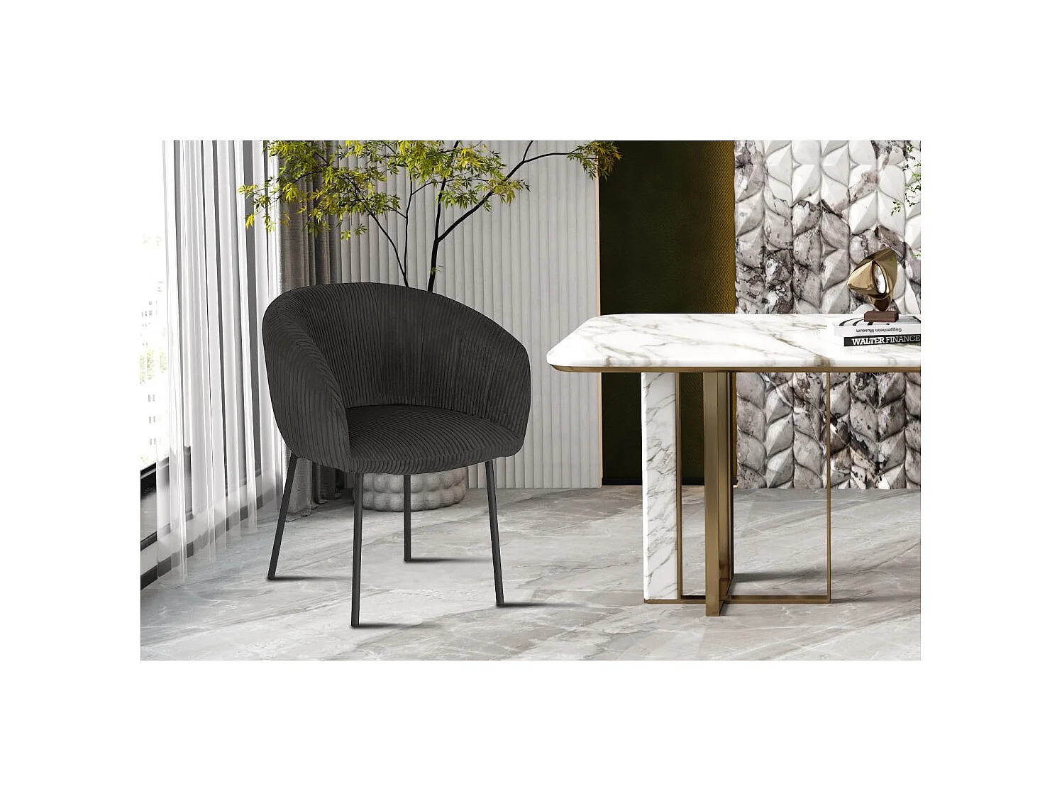 Cadeira de sala de jantar SEVILLE – Veludo cotelê cinza – Com braços – Pés de metal preto – Estilo design / industrial